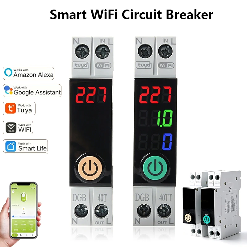 Tu ya Smart WiFi Circuit Breaker 1-40A Adjustable LED Digital Display Timer Switch Voice Remote Control Circuit Breaker 1P 63A