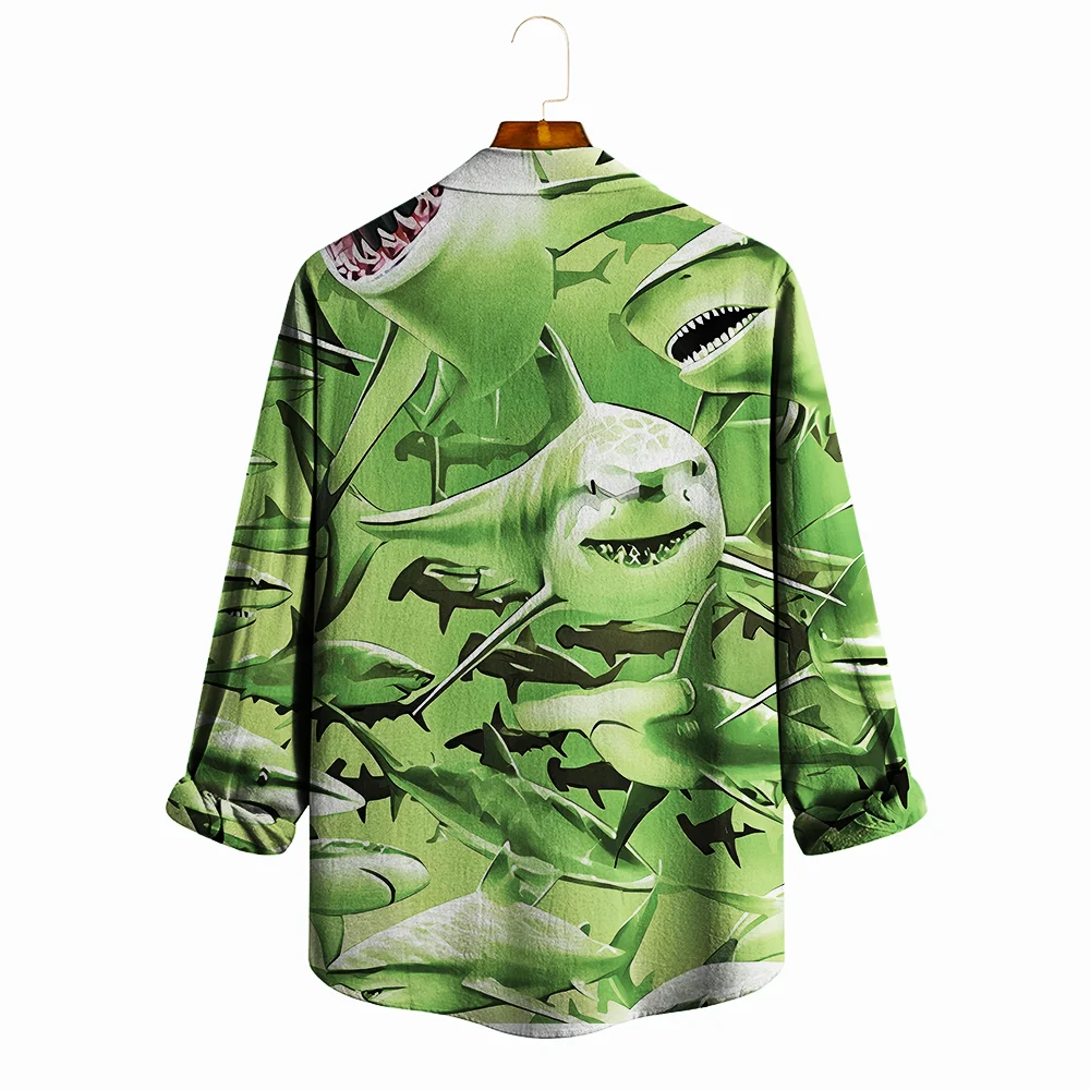 

Мужская рубашка больших размеров S-9xl: Shark Edge — большой и высокий крой, мягкая дышащая ткань, гладкие принты силуэта акулы,