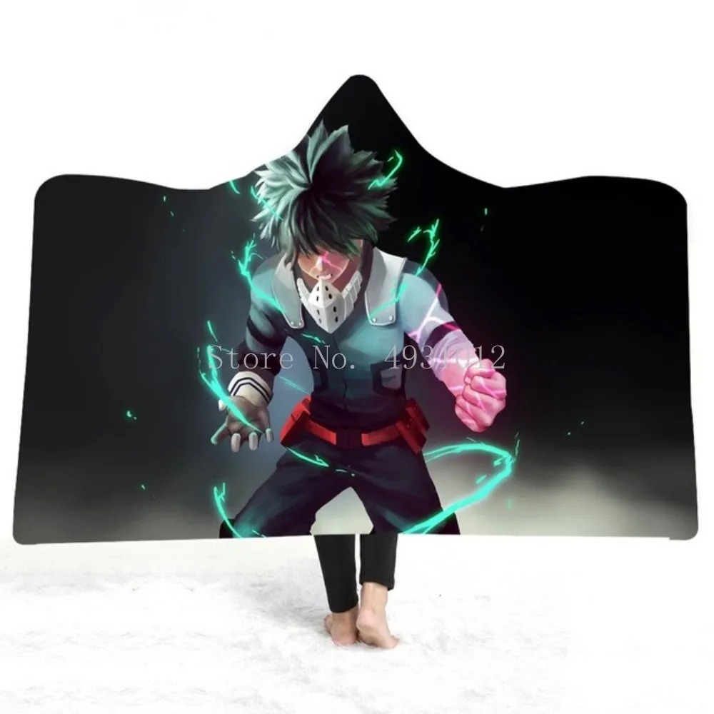 Anime My Hero Academia Hooded Blanket Sherpa Fleece Comic Cartoon Character Winter Warm Sofa Travel Blanket for Reading Kid Gift