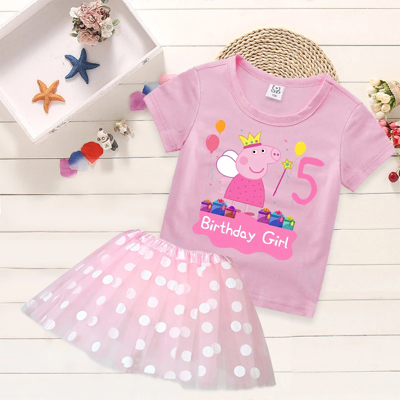 Conjunto de Camiseta y Falda de Peppa Pig para Niñas, Diseño de Anime con Número de Cumpleaños, Traje de Dos Piezas, Vestido de Princesa para Fiestas, Ropa Casual de Verano