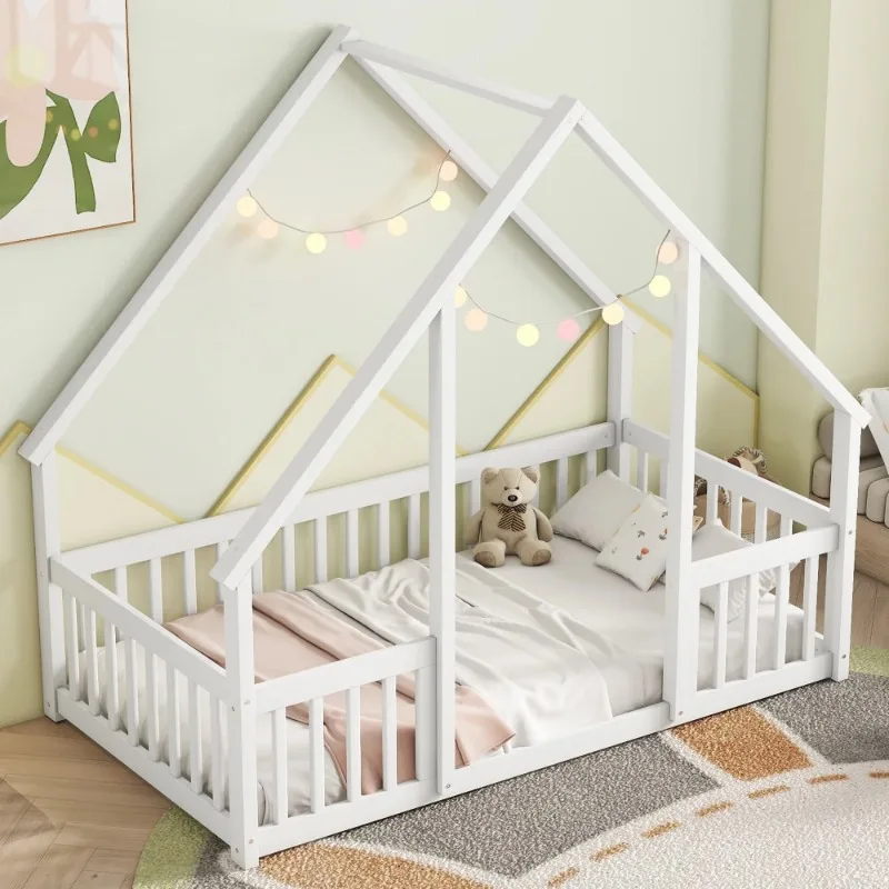 

Twin Size Floor Bed for Kids, Wooden House Bed Twin Size with Fence, Montessori Bed with Guardrails for Toddler Kids Boys