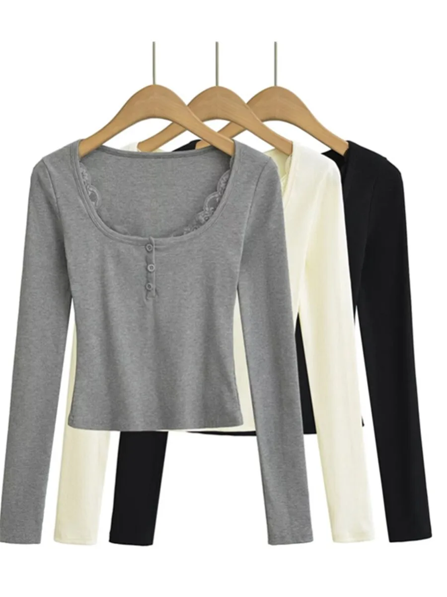 Dopasowany krój, długi rękaw, dekolt w kształcie litery U, ozdobny guzik, koronkowy wykończenie, damska moda uliczna, wczesna jesień, nowość...