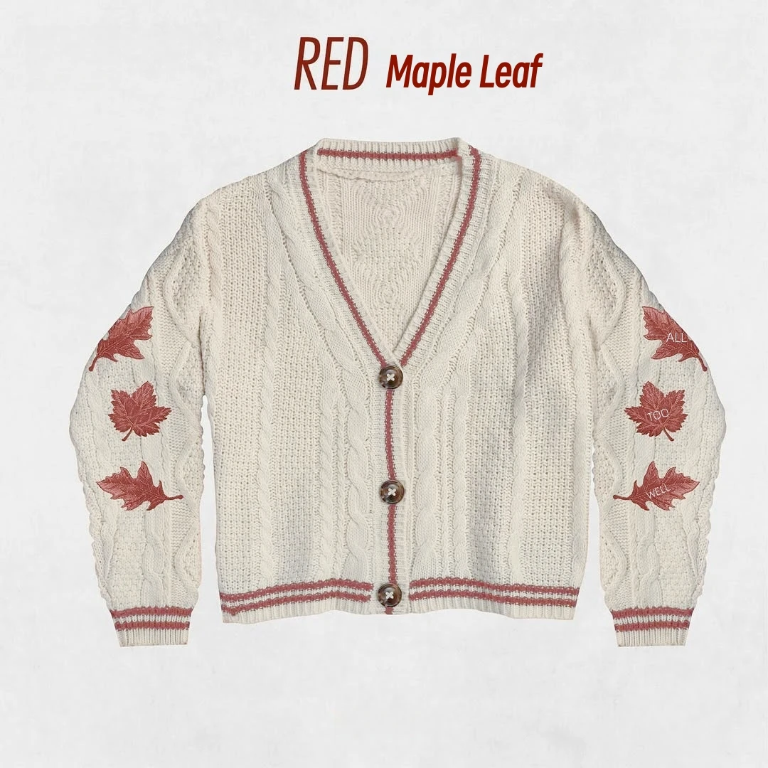 

Autumn Leaves Knitted Beige Cardigan Women Keke Winter Red Maple Leaf Embroidered V-neck Single Breasted Brown Sweater Female