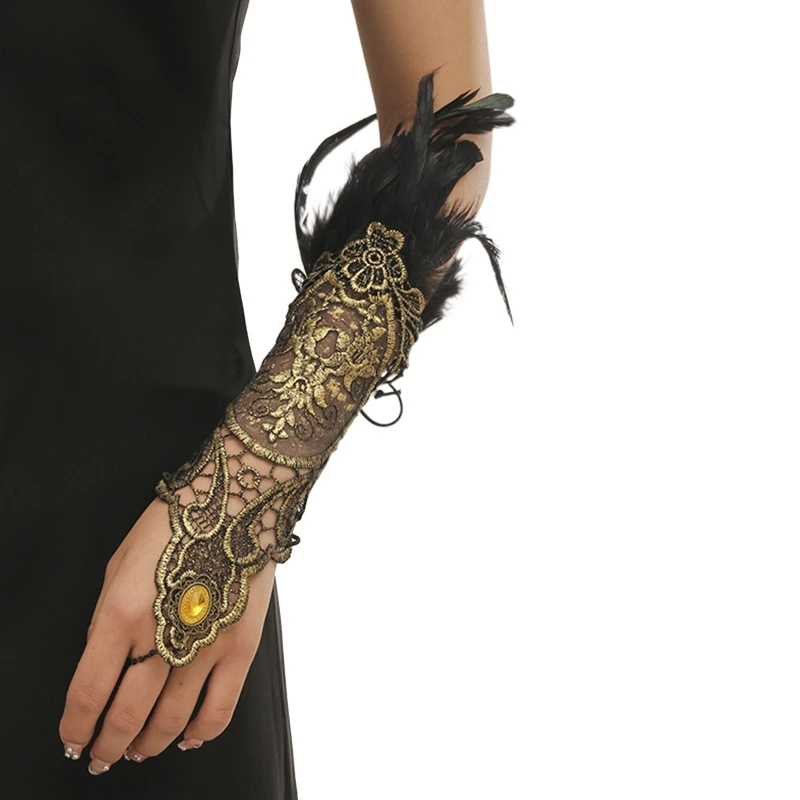 

Cosplay Gold Glove with Feather Embroidery Lace Glove and Adjustable Ring with Long Bracelet Women Wedding Accessories