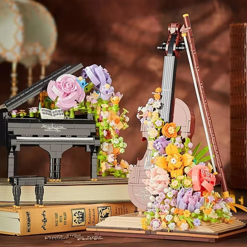 950PCS/841PCS Flowers Piano And Flowers Violin Building Block Desktop Puzzle Blocks Ornaments Toys For Kids Adults Birthday Gift