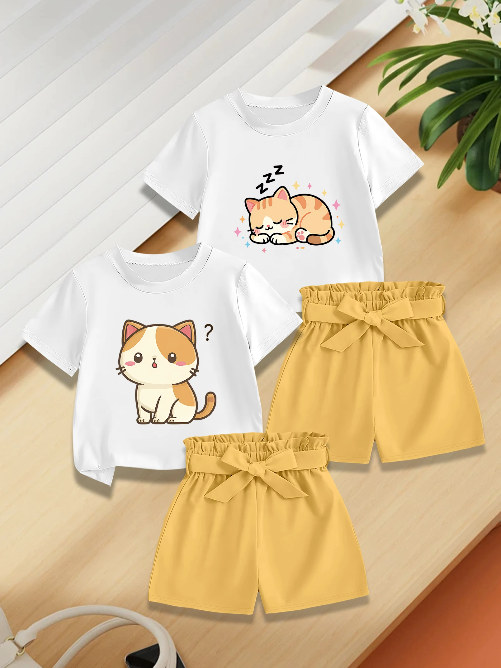 

Комплект из 4 предметов: милый наряд для девочек с принтом спящего кота, футболка с коротким рукавом + тканевые шорты с бантом, летний комплект