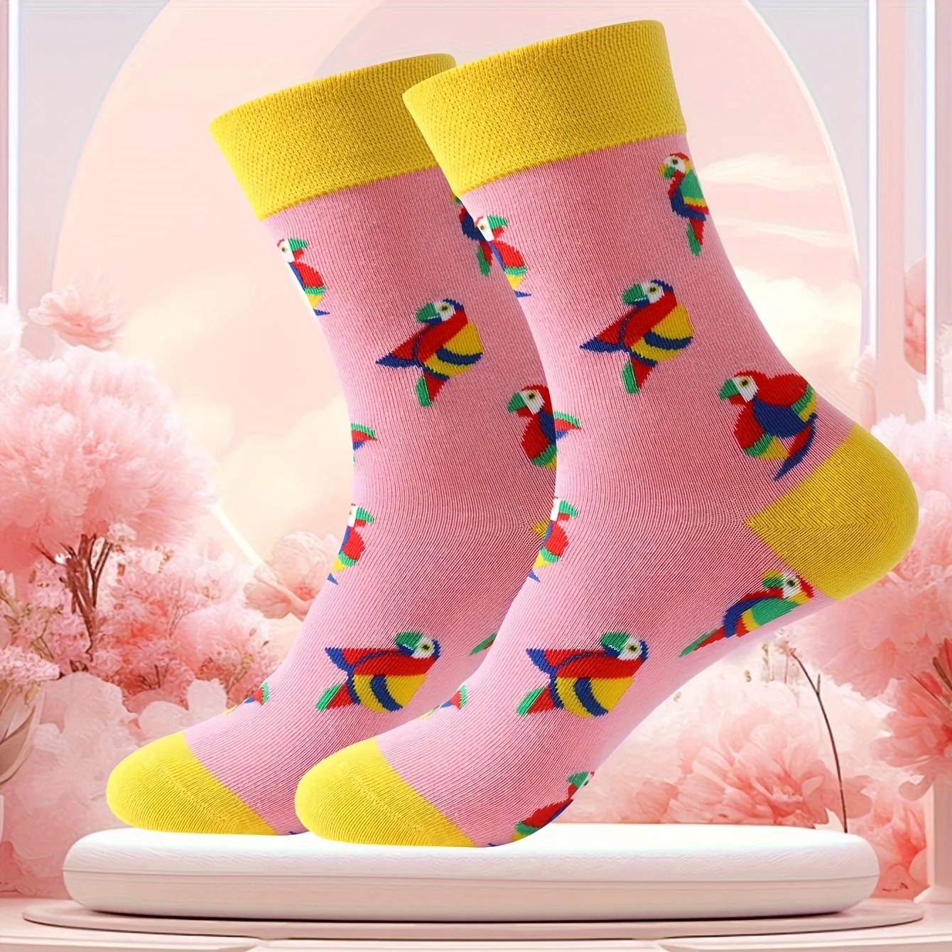 A pair of pink parrot patterns Fashion Casual versatile socks suitable for Halloween Christmas Valentine\'s Day Gifts