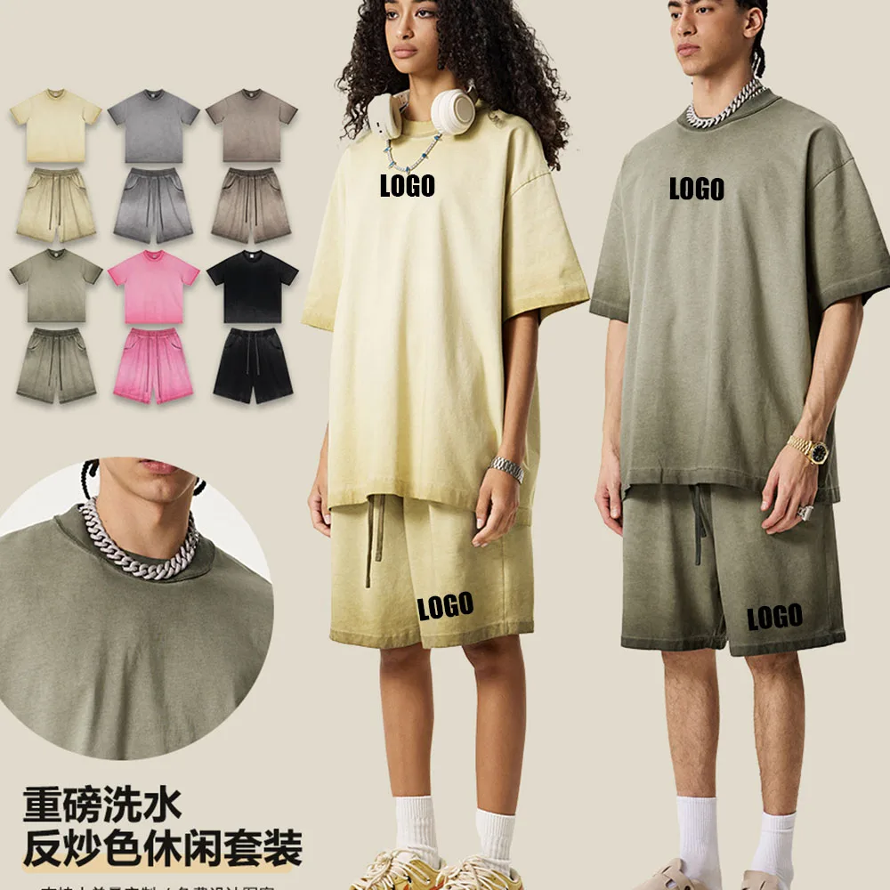 

Custom LOGO men's 275G 100% cotton new summer water anti-bottom fried casual short-sleeved shorts men and women couple suit