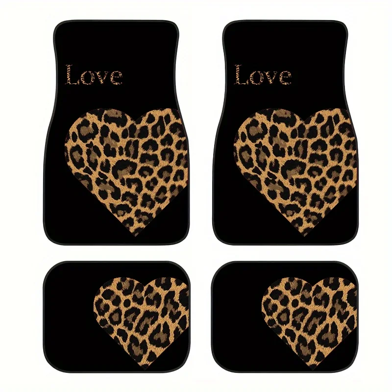 4-Pack Heart Leopard Print Rubber Car Mats - Stylish Interior Protection, Easy Clean, All-Season, Universal Fit