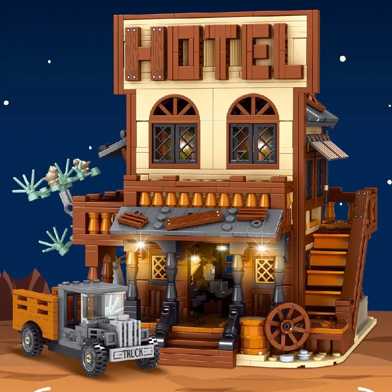 1597 pçs criativo especialista ocidental cowboy cidade hotel blocos de construção conjunto com modelo de caminhão vintage diy montagem brinquedos para adultos presente