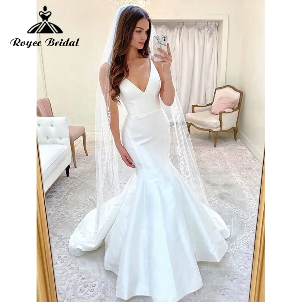 

Spaghetti Strap V-Neck Satin Sexy Wedding Dress Custom Made Bridal Mermaid Dress Long Soft Dresses Vestido de novia