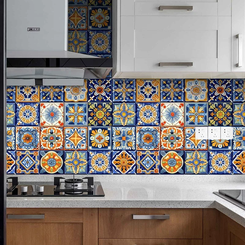 24PCS Moroccan Style Ceramic Tiles Wall Sticker Heat Resistant Kitchen Backsplash DIY Murals Self Adhesive Waterproof Wallpaper