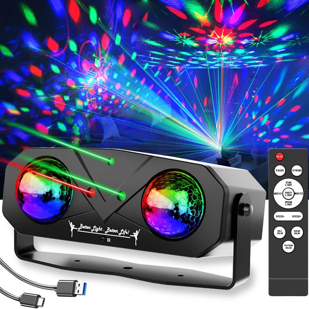 USB Power Dual Ball Disco Laser Light, 20 Patterns RGB LED + Water Ripple ,Sound Activated ,Remote Control For KTV Bar Party
