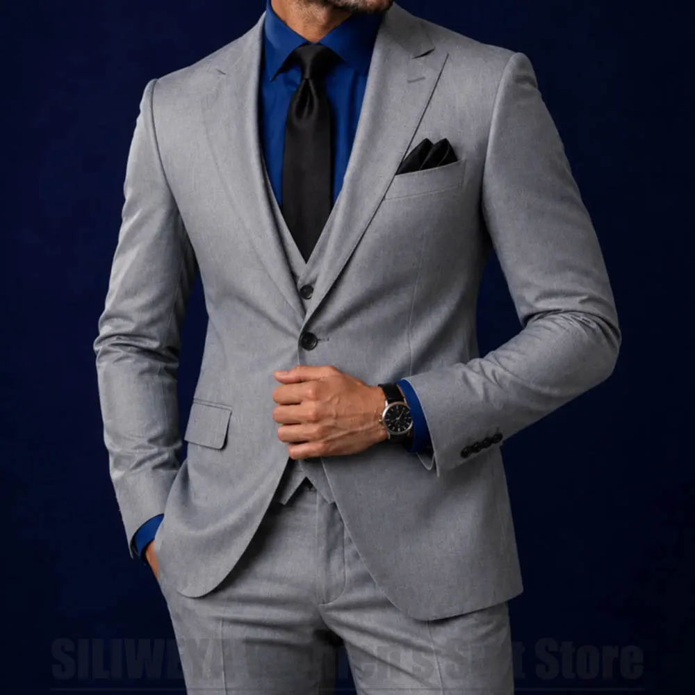 Men Three Piece Peak Lapel Suit Single Breasted Groom Business Prom Evening Wedding Tuxedo Casual Daily Banquet Party Outfit