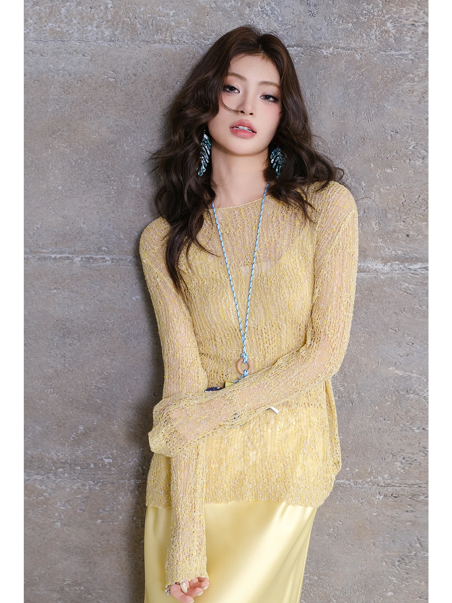 

French Style Loose Fit Knitted Hollow Mesh Cover up Top Breathable Drapey Yellow Women's Long Sleeve Soft Knitwear