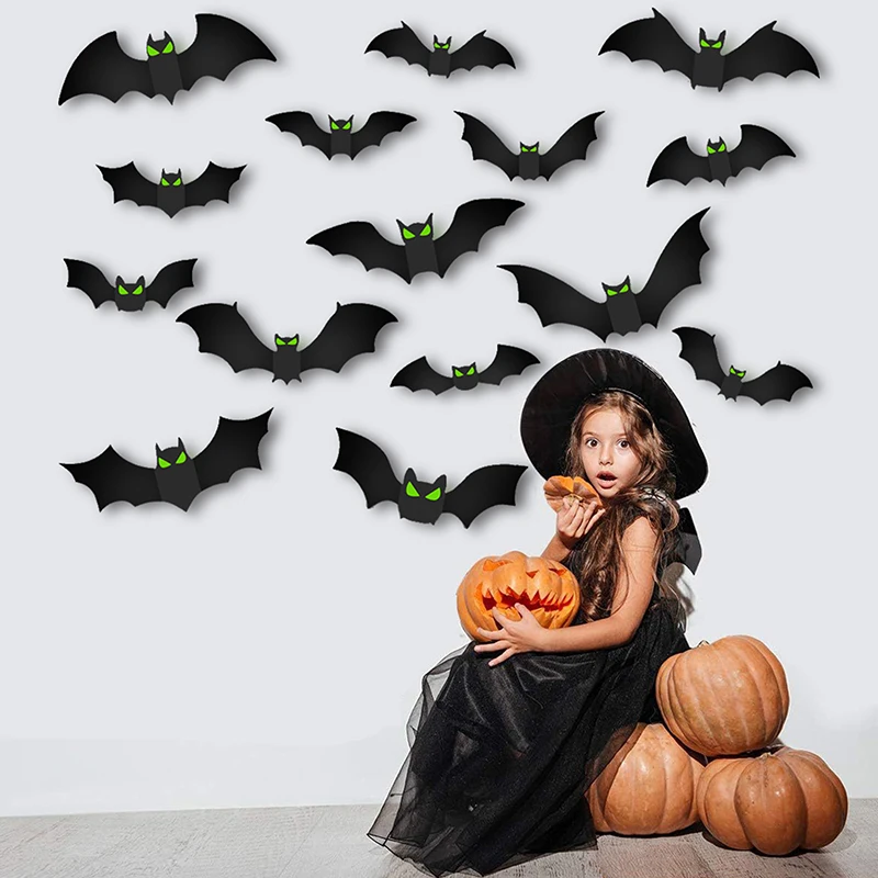 96pcs Bat Stickers 3D Halloween Bat Decorations Glow Eyes Bats 96 Pieces Scary Bats Wall Decoration For Bathroom Kitchen Home