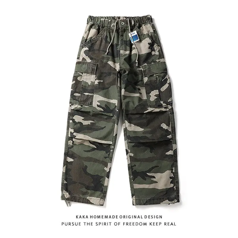 

Japanese Retro Heavyweight Large-Pocket Washed Camo Workwear Pants Men's Trendy Spring/Autumn Loose Straight Casual Cargo Pants