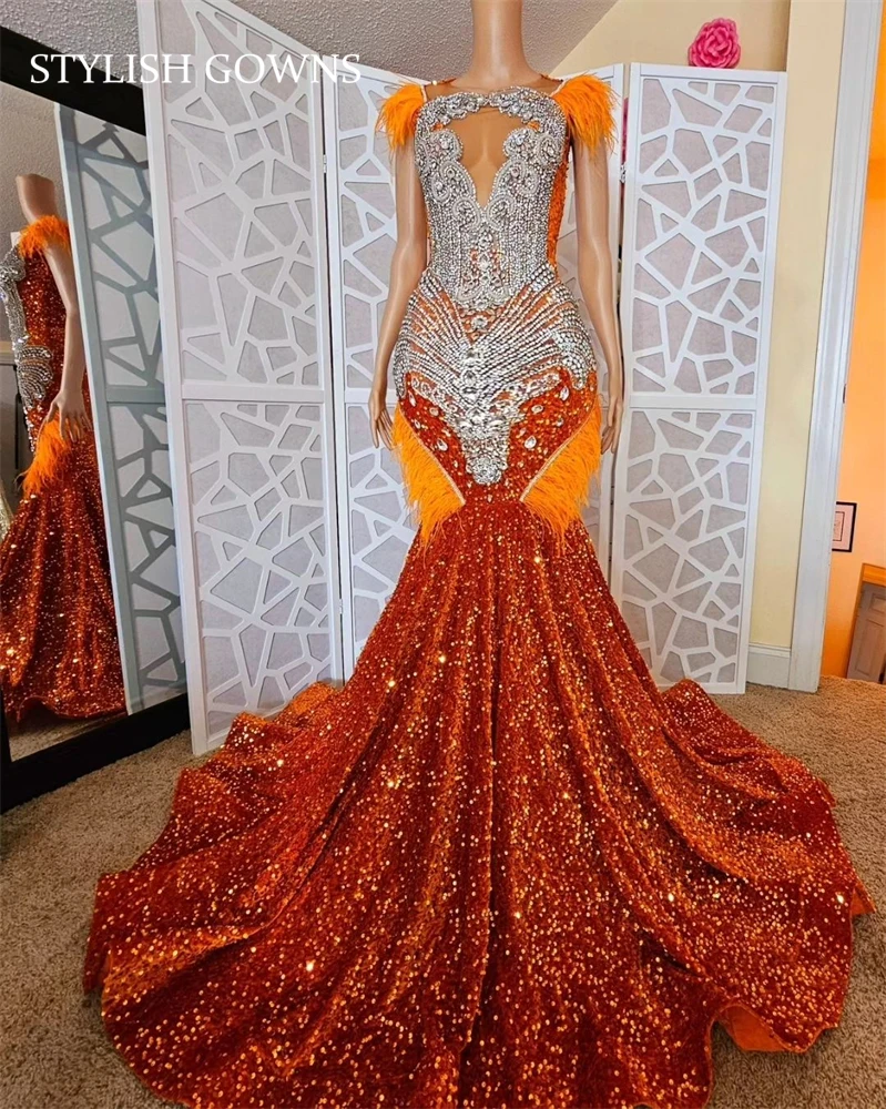 

Orange O Neck Sequin Long Prom Dresses For Black Girl Bead Crystal 2024 Birthday Luxury Dress Feather Graduation Gown Customized