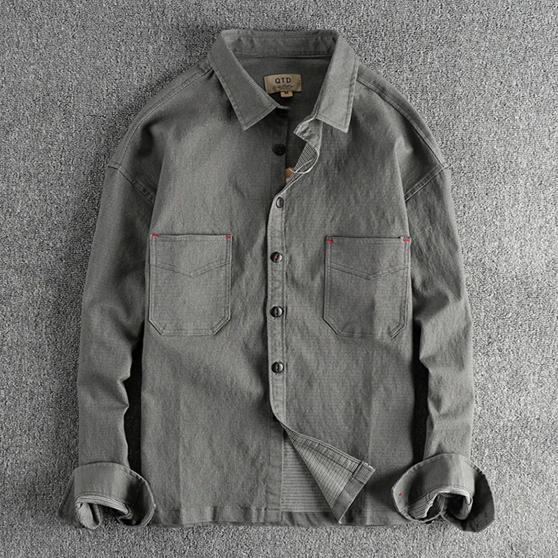 Men's solid color simple cargo pocket plaid cotton fabric casual long-sleeved shirt jacket