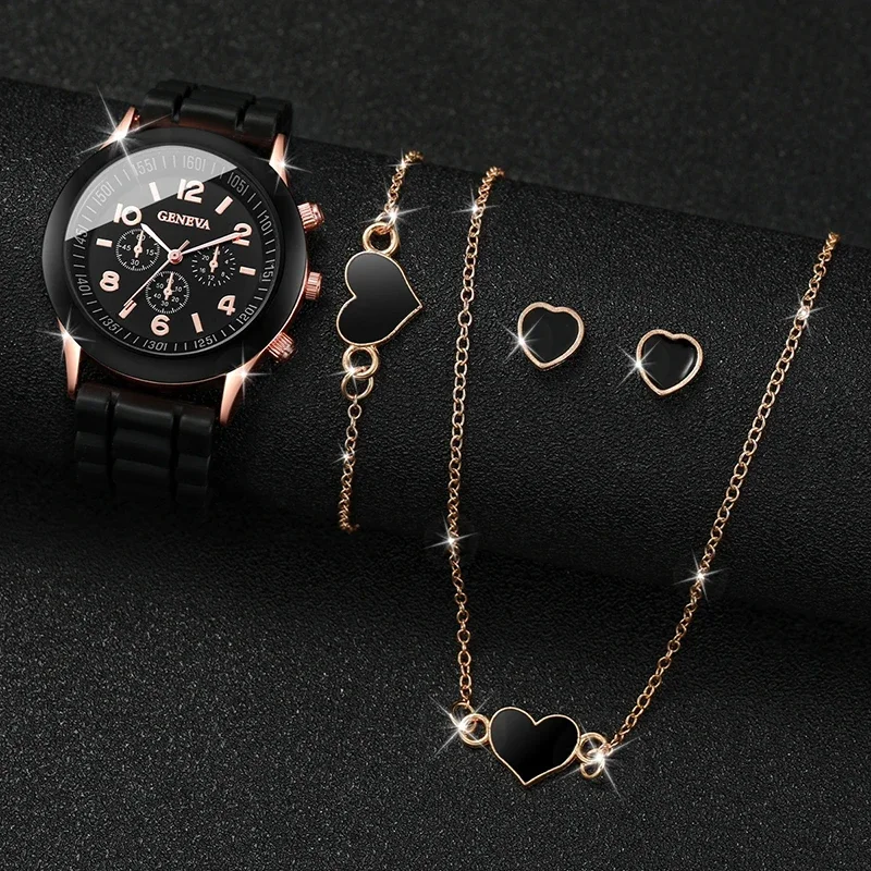 5 pcs Fashion Women Quartz Watch Female Clock Heart Necklace Bracelet Luxury Design Ladies Silicone Wrist Watch Montre Femme