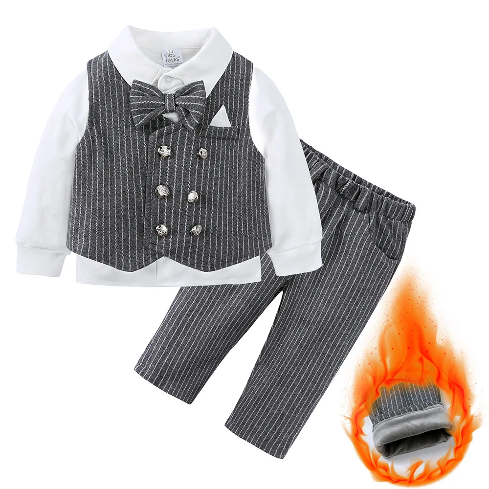 

Комплект из 3 предметов джентльмена, костюм на день рождения, комплект зимней одежды для маленьких мальчиков, жилет в полоску, официальные штаны для детей 0-4 лет, костюм, теплая одежда