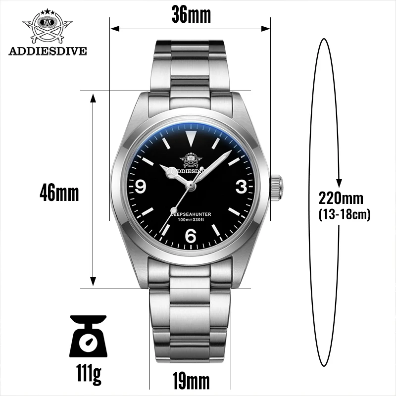 ADDIESDIVE 36mm Top Brand Men\'s Quartz Watch Bubble Mirror Pot Cover Glass BGW9 Luminous 10Bar Waterproof Stainless Steel watch