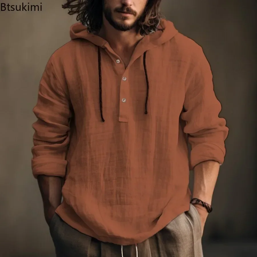 New2025 Men's Casual Cotton Linen Shirts Hoodies Comfortable Breathable Solid Pullovers Tops Soft Daily Wear Men's Clothing Tops