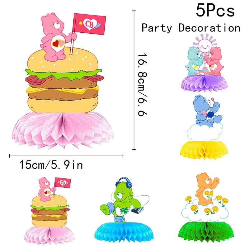 5pcs Care Bears Honeycomb Themed Desktop Decorations Supplies Children Gifts for Baby Shower Birthday Party Celebration Set
