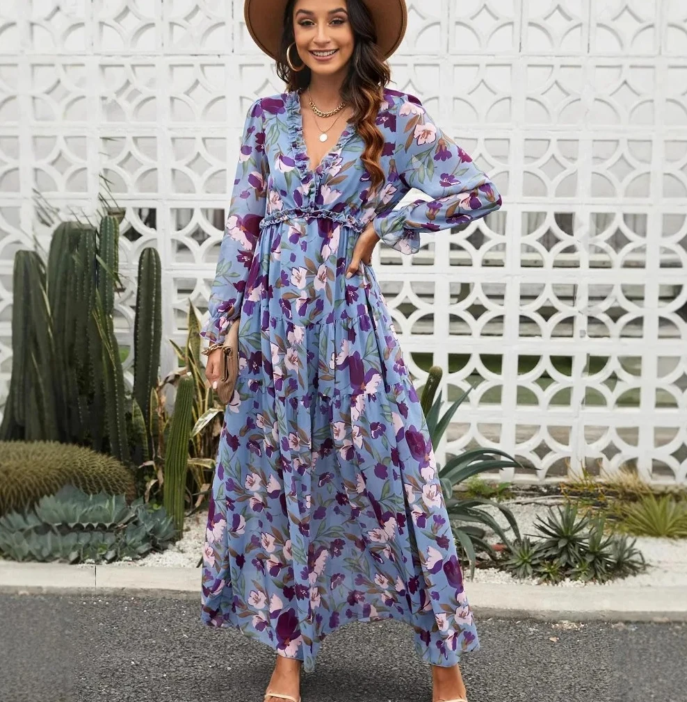 Abiti estivi con scollo a V stampati di nuova moda per le donne Streetwear Trend Elegante abito lungo da fata a maniche lunghe Abbigliamento femminile