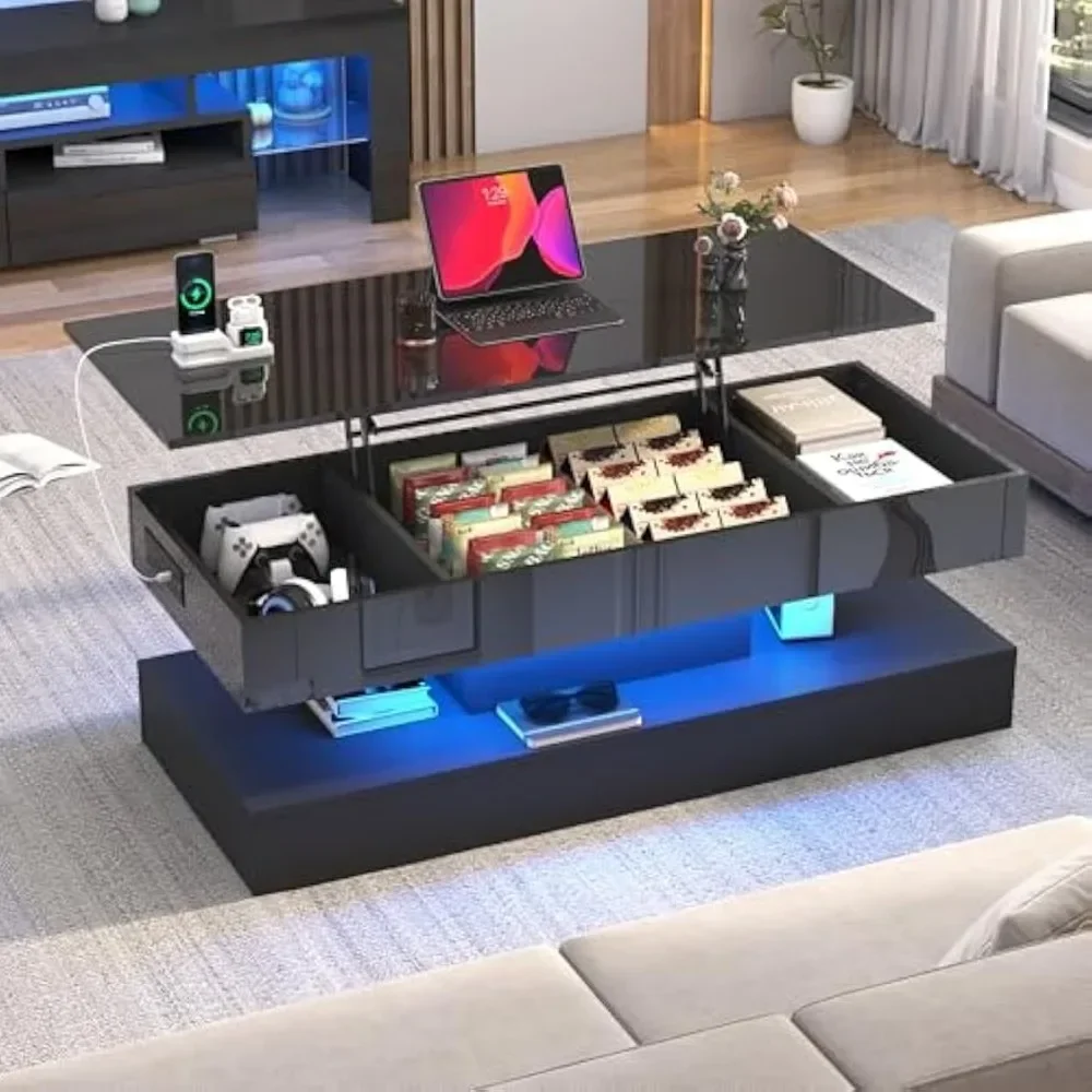 47.2" Large Lift Top Coffee Table,Modern High Glossy LED Coffee Tables for Living Room with Storage,Living Room Tables