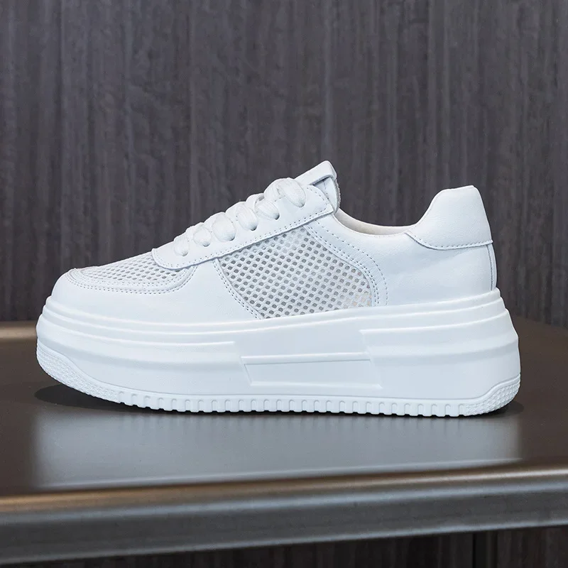 Luxe lederen damesschoenen nieuwe platform sneakers voor dames zomer mesh veterschoenen dames flats witte schoenen verhogen 3-5 cm