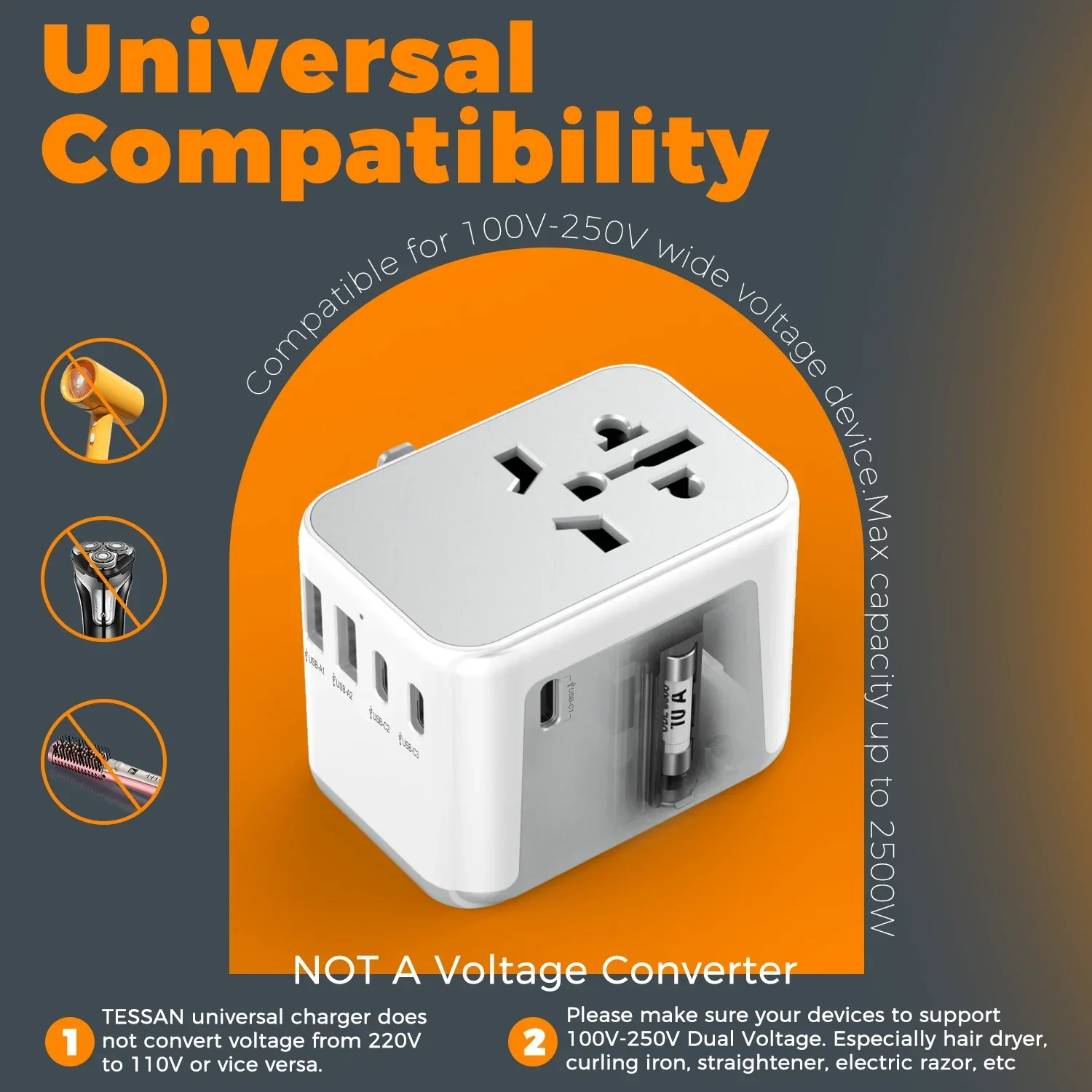 TESSAN Travel Adapter Universal Socket with USB Type C Fast Charging Power Strip EU/UK/USA/AUS/KR Gan Travel Plug Adapter