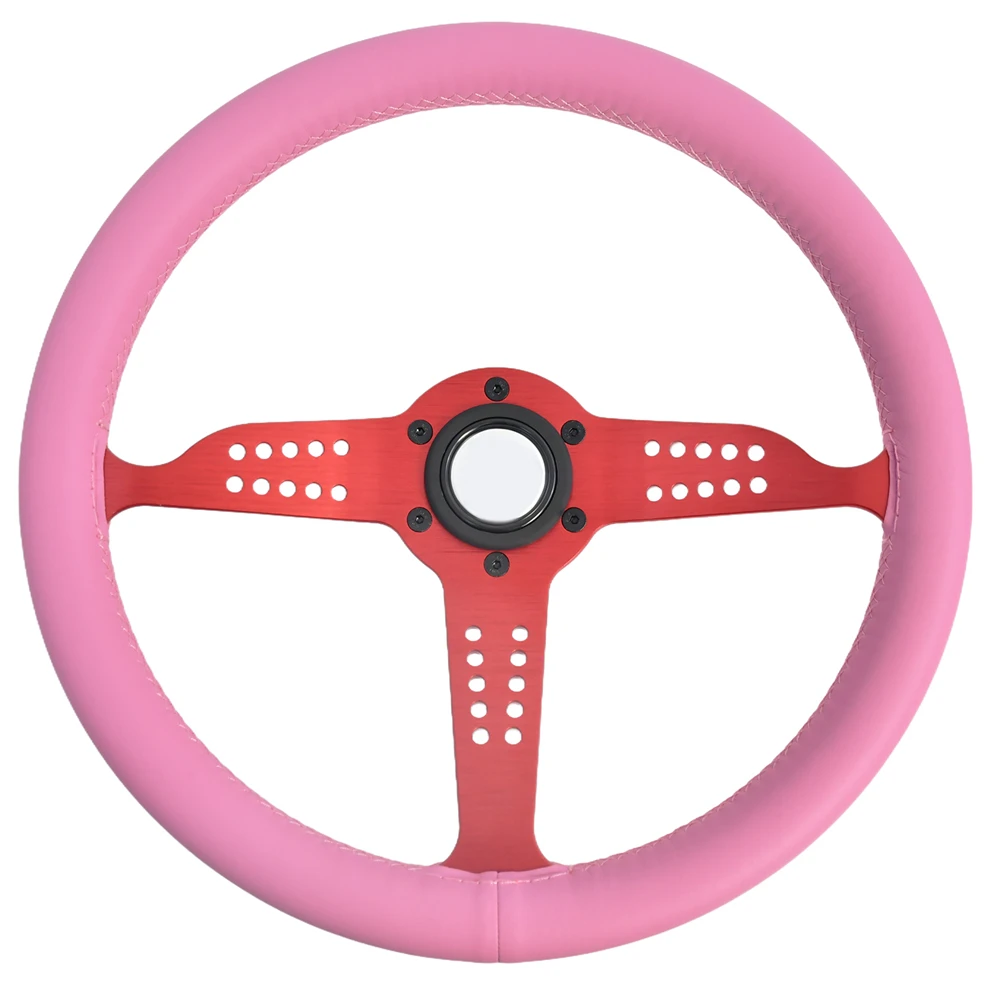 

14inch 350mm Pink Microfiber Leather Sport Steering Wheel Falt Red Bracket Modified Steering Wheel With Grey Horn Button