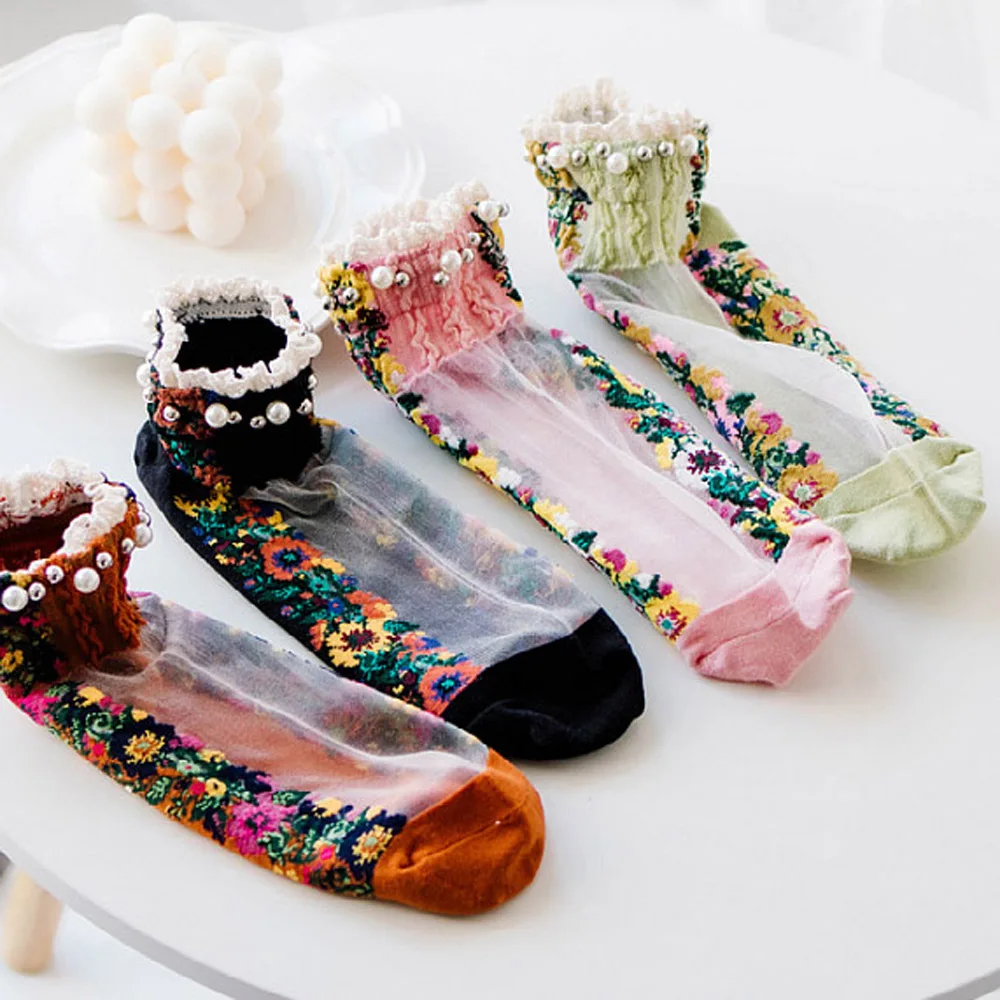 Cute Transparent Pearl Women Summer Spring Boat Socks Hosiery Short Socks Embroidery Flowers Socks