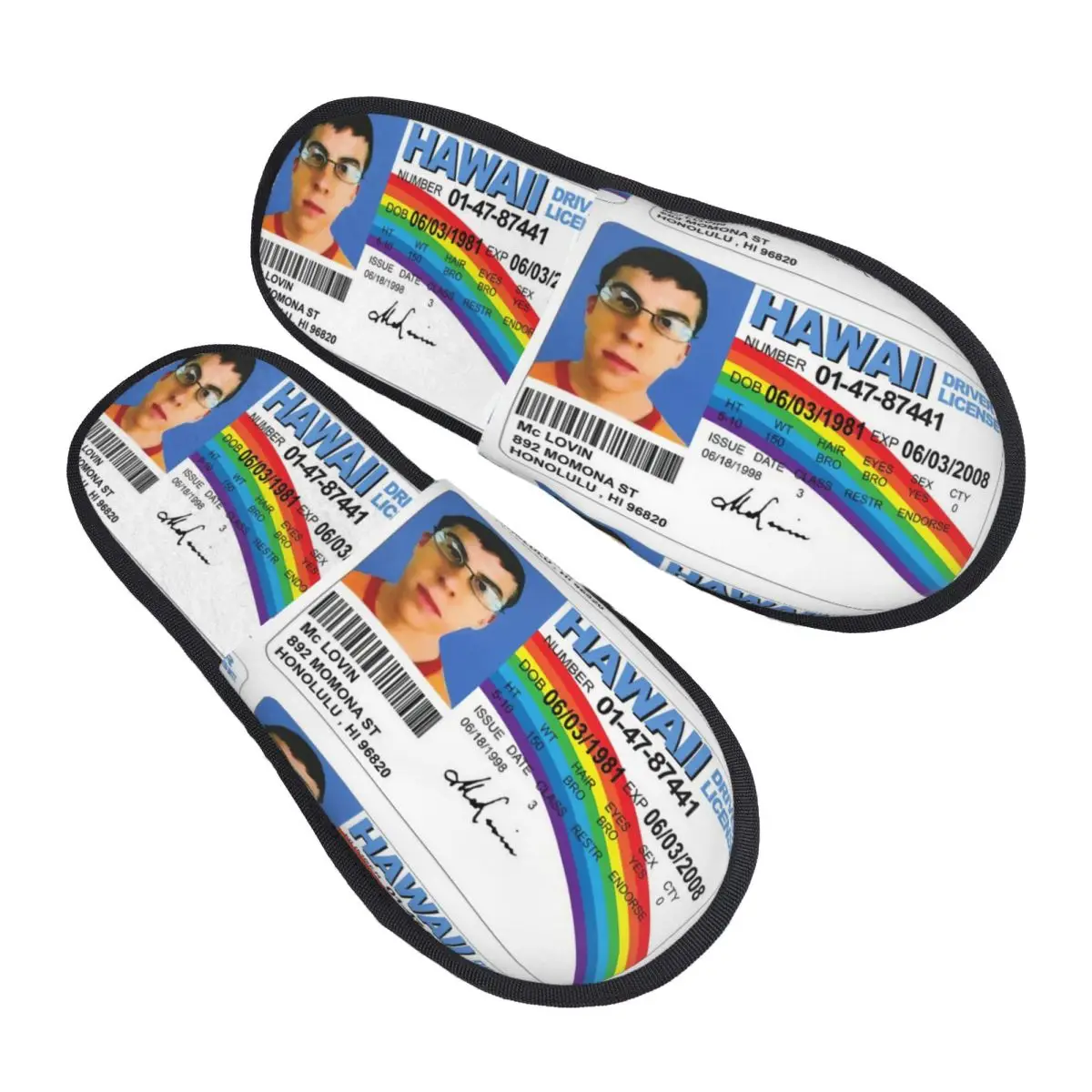 McLovin Flag Fake ID Driver License Furry Slippers Non-slip Cozy Household Fur Slippers Slides Bedroom