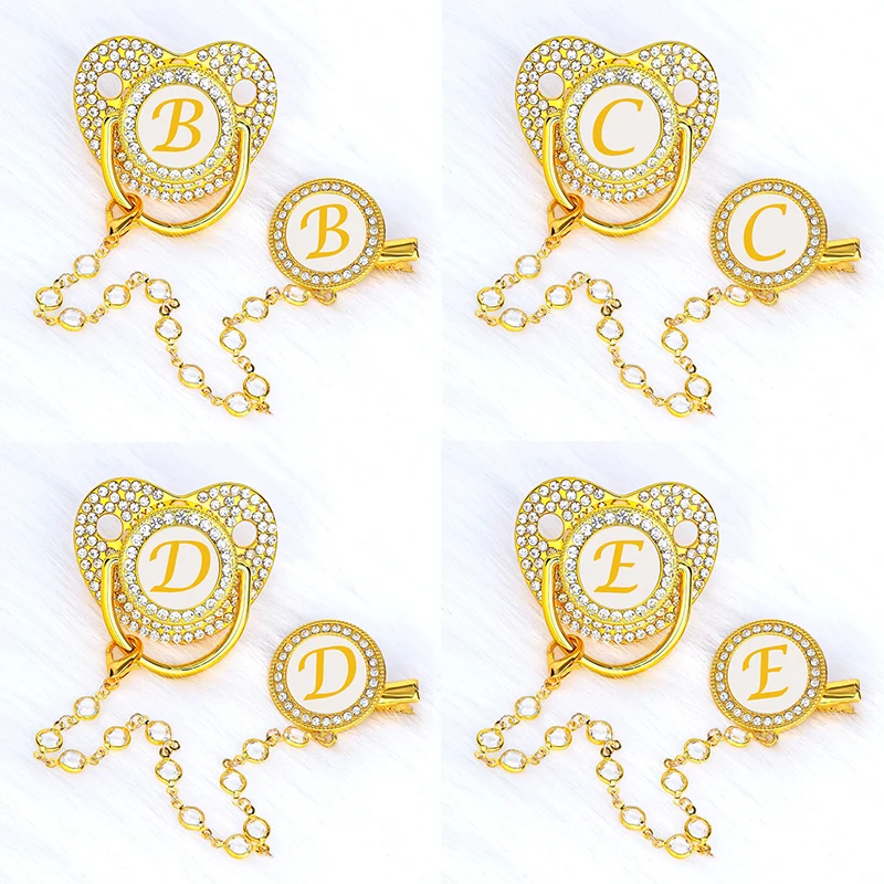 Luxury Zircon Baby Pacifier Clip 26 Letters Gold Newborn Personalized Pacifiers Holder Silicone Infant Teether Nipple Bpa Free