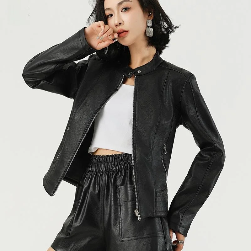 جاكيت جلد نسائي أنيق بتصميم دراجة نارية، طويل الأكمام، مناسب للتنقل اليومي، معطف خارجي للخريف والشتاء
