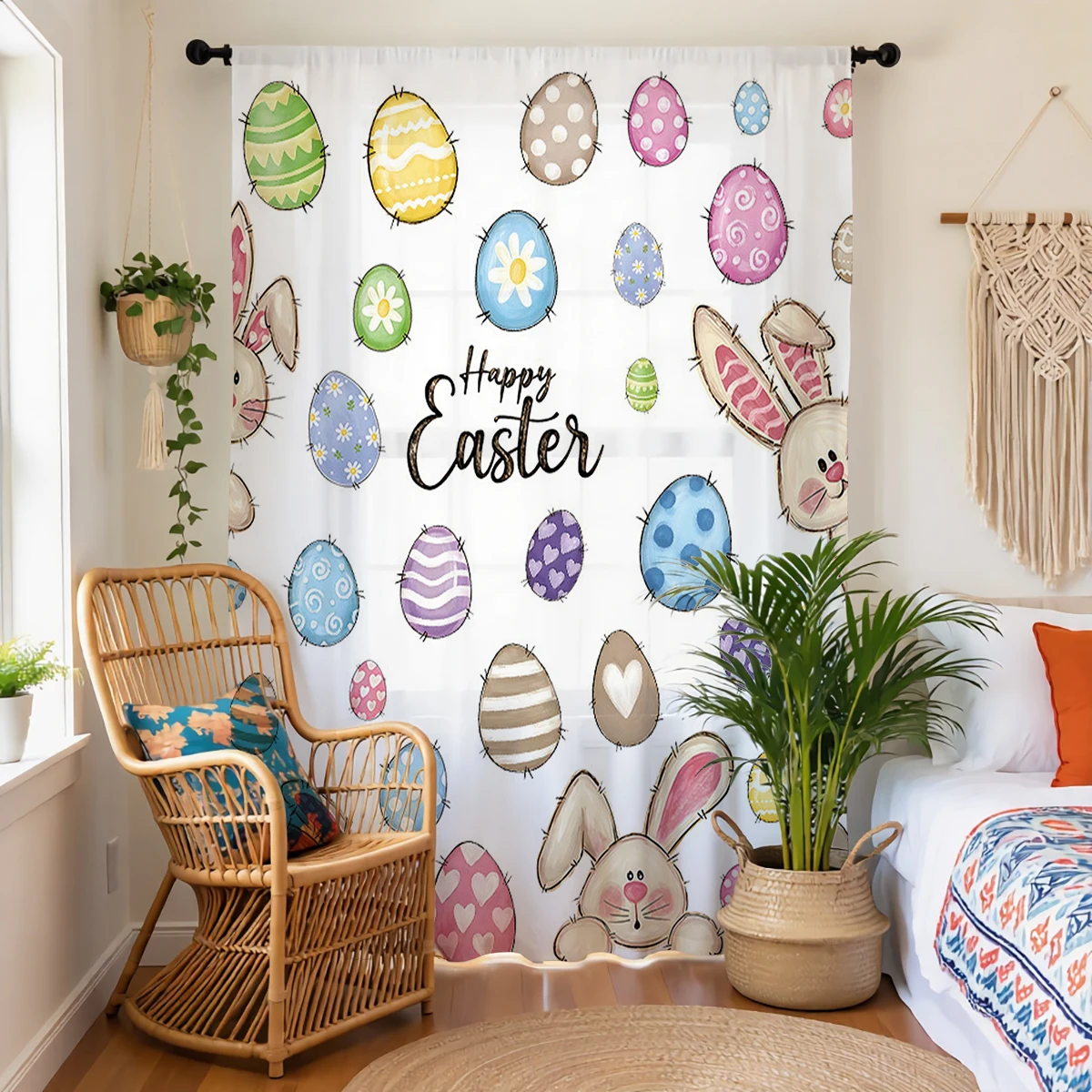 1 Piece Happy Easter Cute Rabbit & Egg Sheer Curtain - Light Reducing, Privacy, Rod Pocket, Translucent, for Living Room/Bedroom
