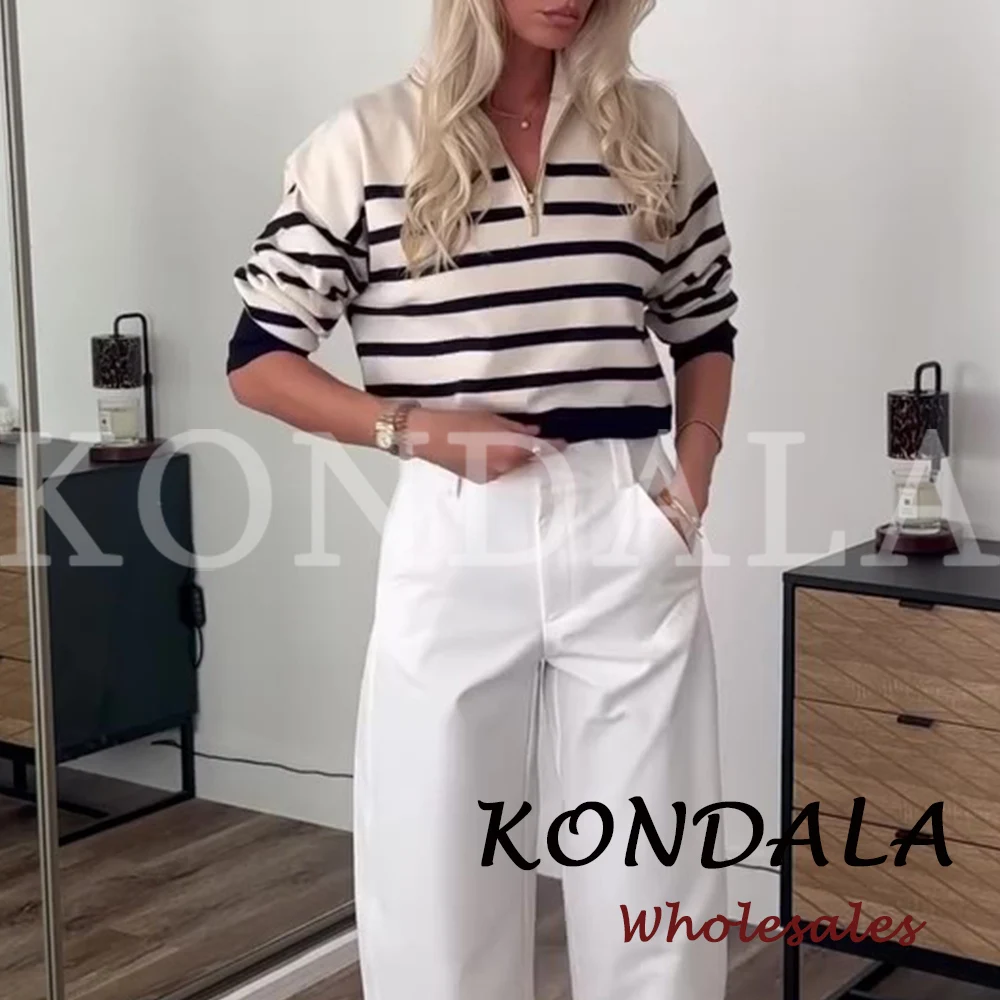 KONDALA Fashion 2026 Women Autumn Casual Knitwear Zipper Striped Loose Knitwear Chic Long Sleeve Chic Female Elegant Sweaters
