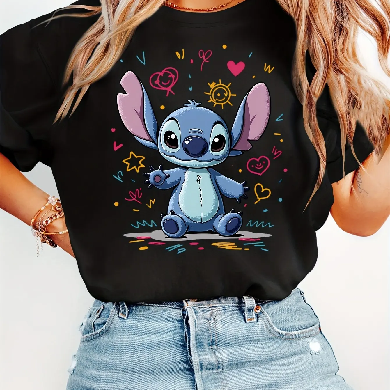 T-shirt con motivo Disney Stitch in cotone da uomo e da donna, streetwear, casual, alla moda, oversize, ampia, manica corta, unisex, per eventi