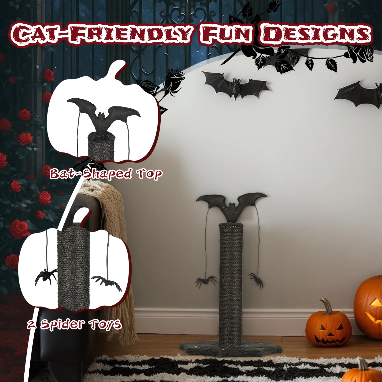 US stock Gothic Cat Scratching Post with Spider Dangling Toys for Indoor Cats, Halloween Spooky Cat Scratcher with Cobweb Base