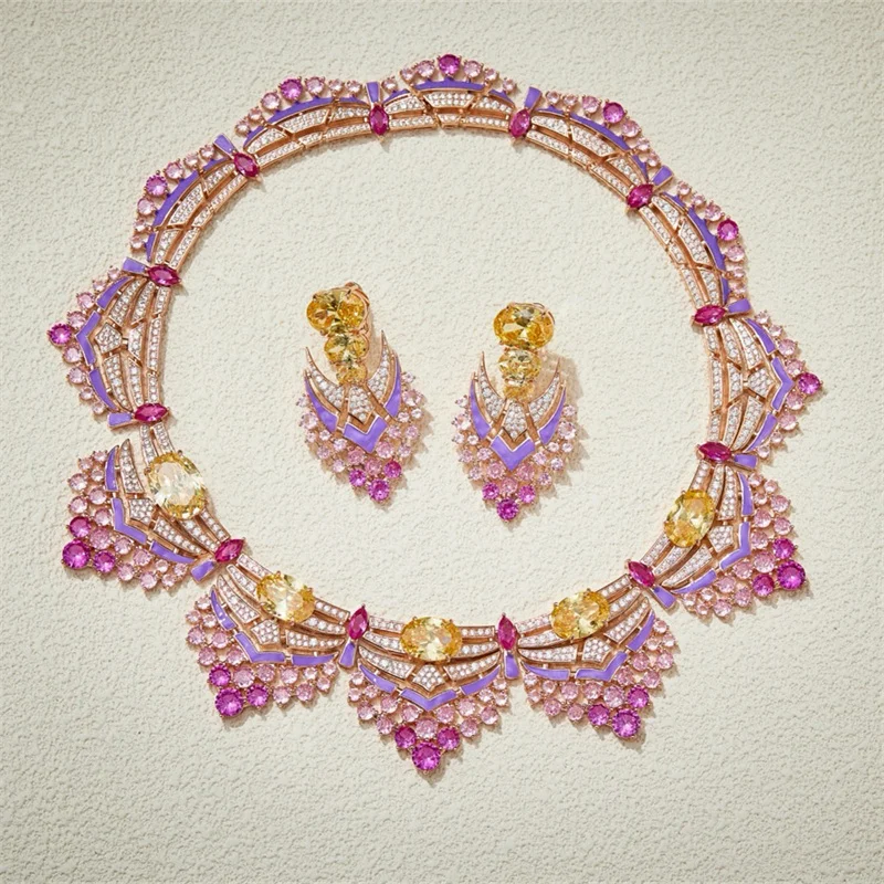 

Designer Fashion Copper Jewelry Set with 3A Cubic Zirconia for Party, Pink-Purple Enamel Earrings, Gold-Plated, Heavy-Duty, Luxu