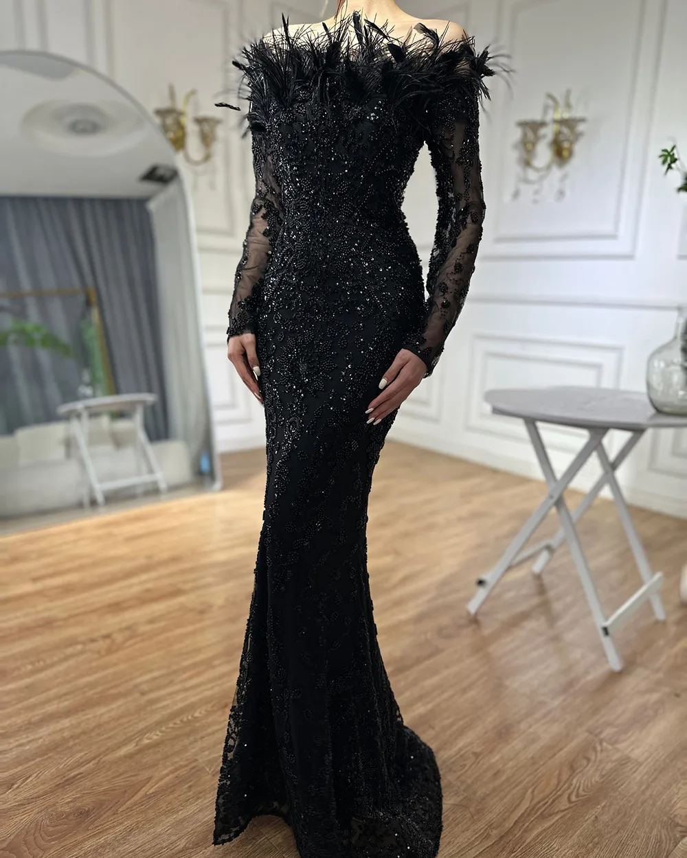 المرأة بلون خارج الكتف ريشة الترتر أنيقة سليم ثوب مسائي كم طويل كتف واحد منتصف الخصر الدانتيل حورية البحر ثوب #5