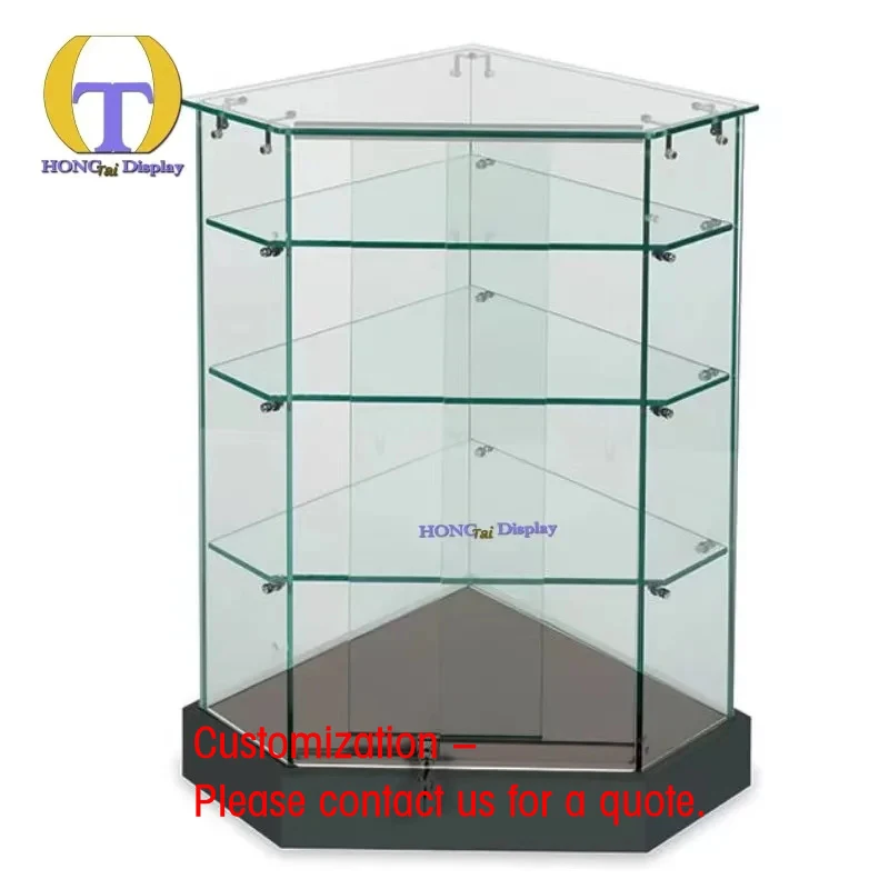 custom.Latest Design Triangular Tempered Glass Cabinet of Black Base Smoke Shop Frameless Glass Display Corner With Lock