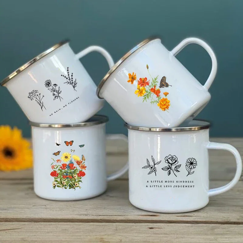 

No Rain No Flower Print Enamel Mugs Creative Vintage Coffee Wine Cup Drinks Dessert Milk Cup Camping Mugs Handle Drinkware Gifts