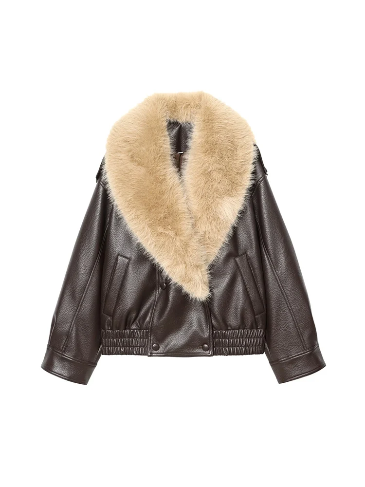 

European-style new women's fashionable and versatile jacket with detachable fur collar and faux leather lapel.