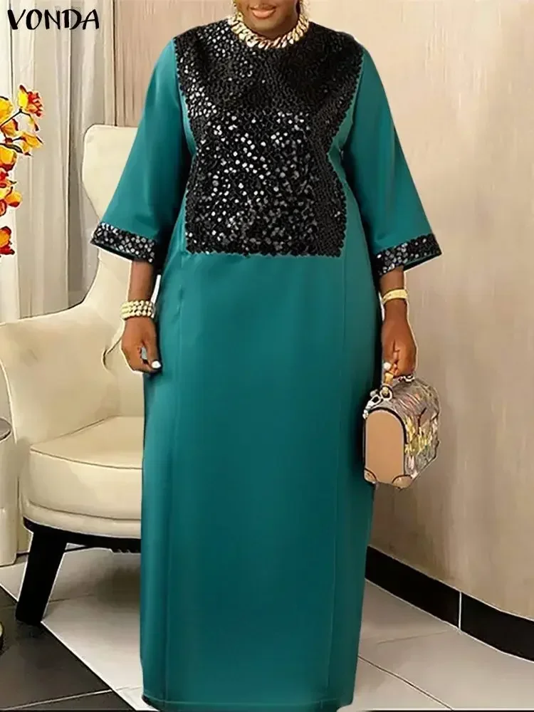Abito da donna taglie forti VONDA Bohemian Party Abiti lunghi Splicing con paillettes Maxi abiti da donna Moda manica 3/4 Abito in raso 5XL
