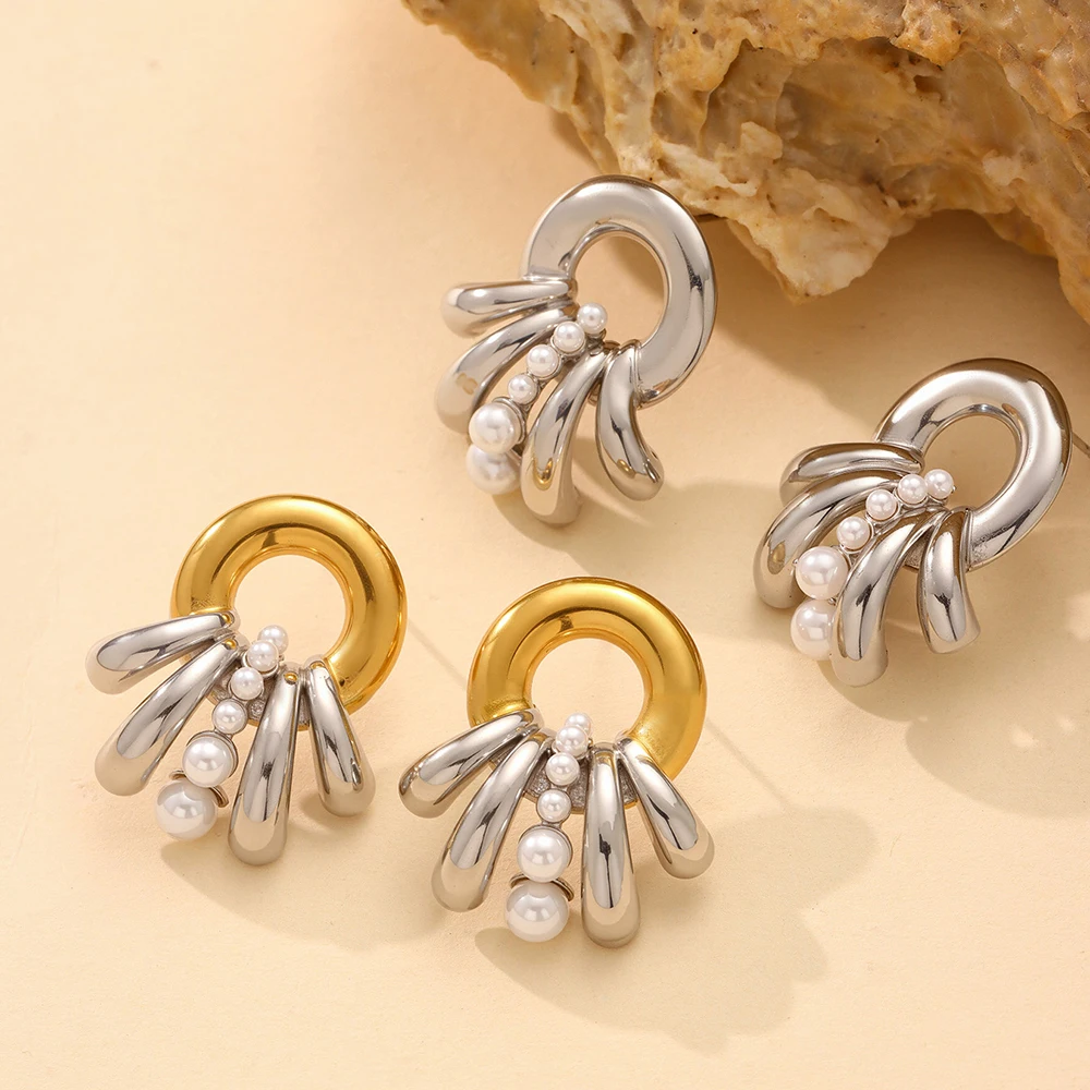 

Nivora Popular Korean Style Stainless Steel Imitation Pearl Geometric Drop Earrings for Women Hypoallergenic Daily Wear Jewelry
