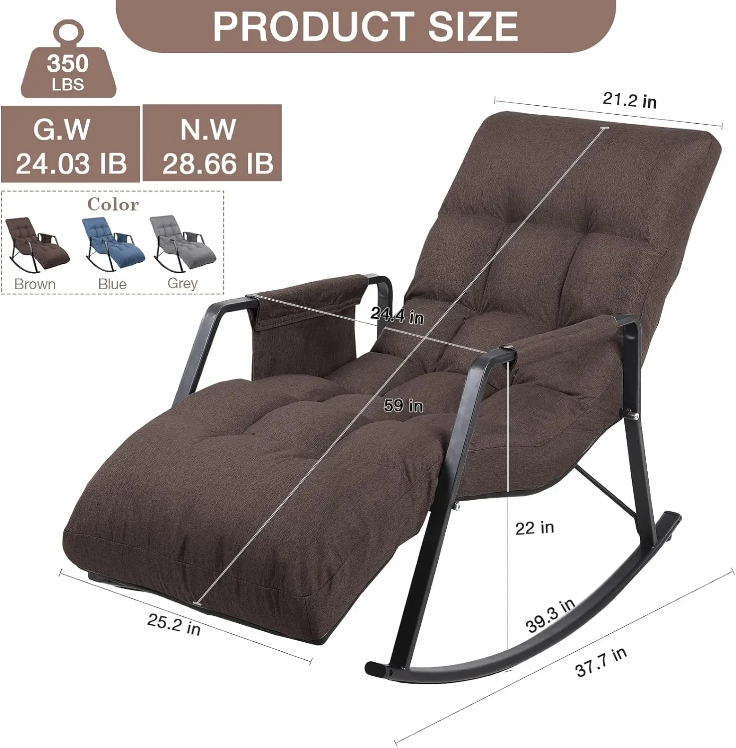 Adjustable Nursery Rocking Chair 5-Position Backrest&Footrest Modern Lazy Glide Lounge Sofa Chair Stable Steel Frame Easy