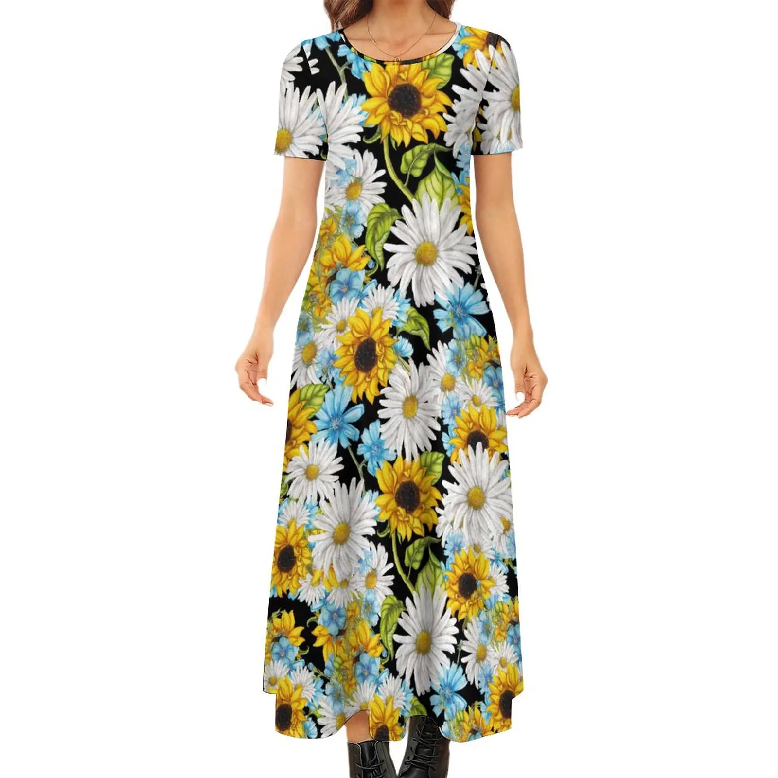 

Yellow Sunflower Art Dress Colorful Floral Print Cute Maxi Dress Aesthetic Bohemia Long Dresses Short Sleeve Plus Size Clothes